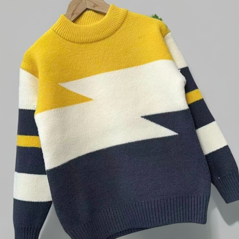 2025中大童新款韩国绒毛衣针织秋冬加厚男童韩版拼色时尚潮流款