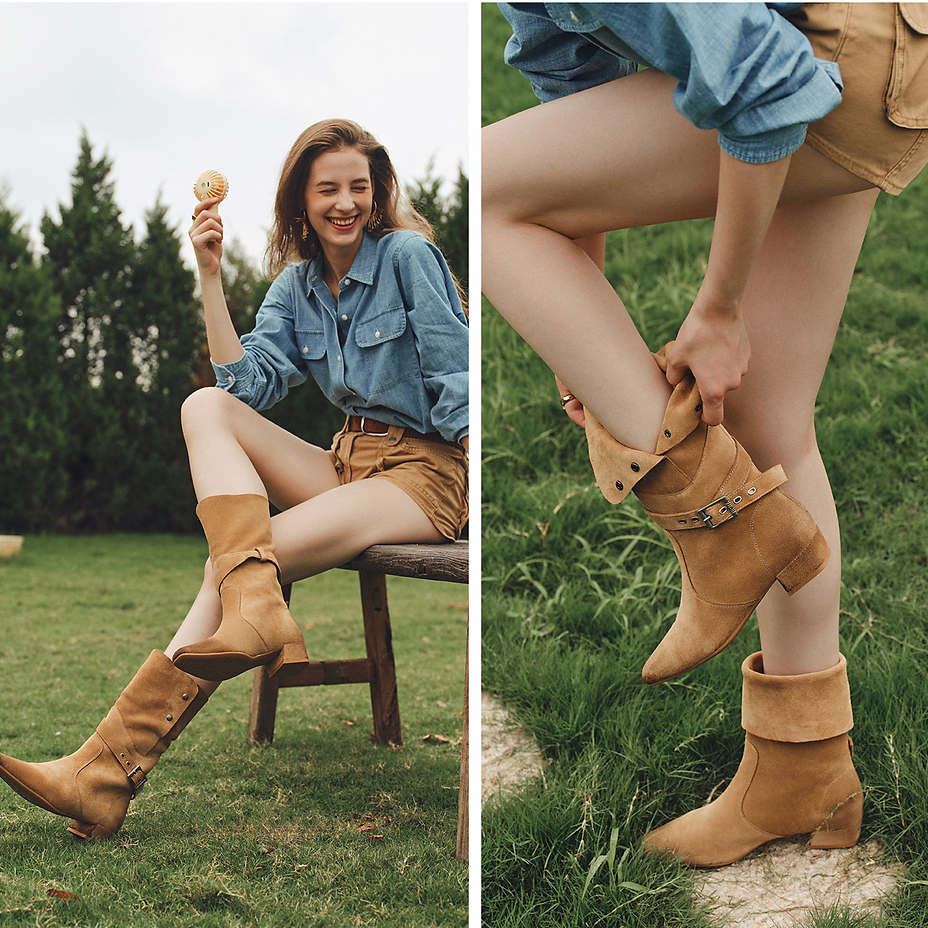 【专场福利】73hours女鞋牛仔假日25冬季波嬉风堆堆靴西部靴子女夏