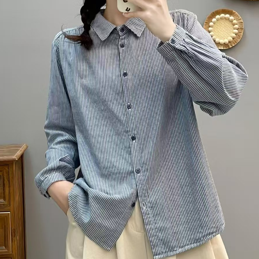 纯棉文艺复古细条纹衬衫女双层棉纱布长袖衬衣春秋新款百搭衬衣