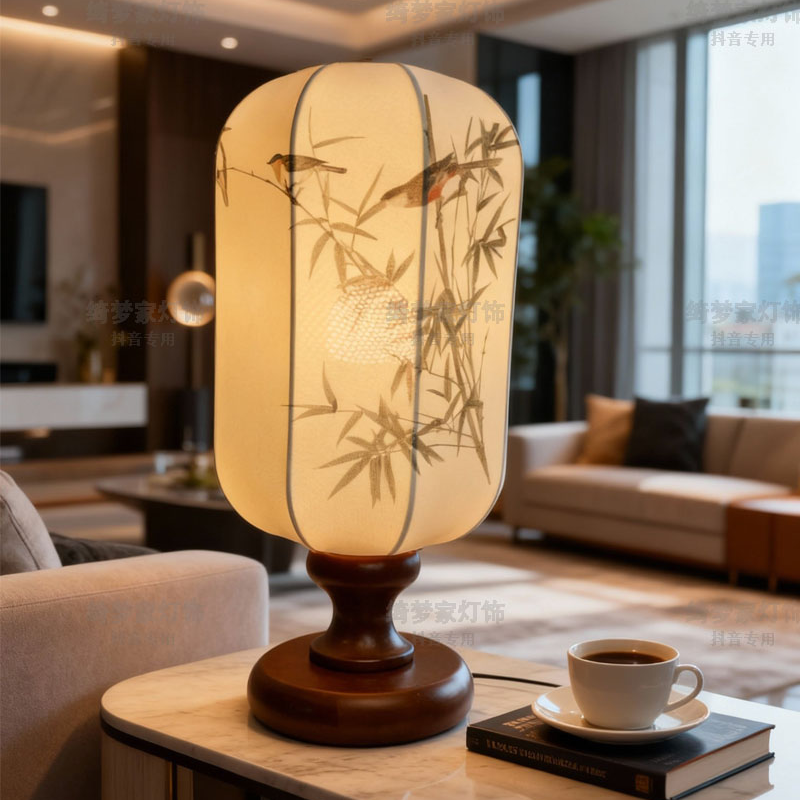 复古实木卧室床头柜灯新中式木艺绘画中国风茶室禅意台灯氛围灯