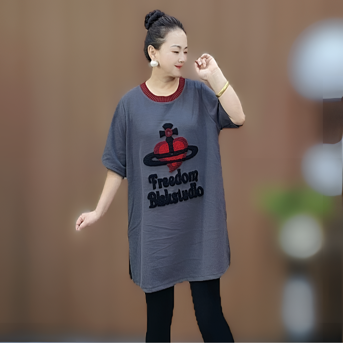 263慵懒风半袖小衫 宽松型圆领大码刺绣大衫 洋气百搭减龄 个性款