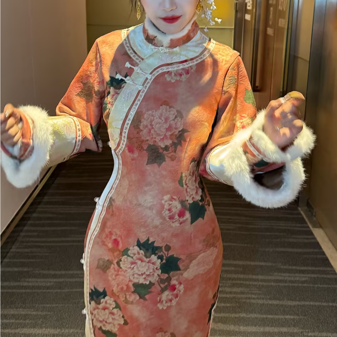 LHMknk1画报夫人原创针织提花清宫倒大袖温柔旗袍 清宫春水煎茶