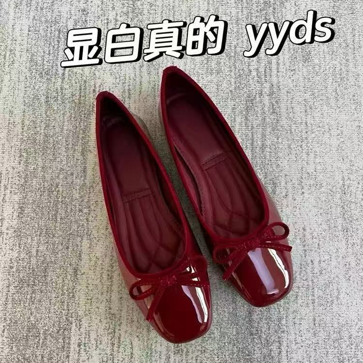 2025豆豆奶奶芭蕾舞蝴蝶结新款方头平底红色单鞋香风浅口百搭女鞋