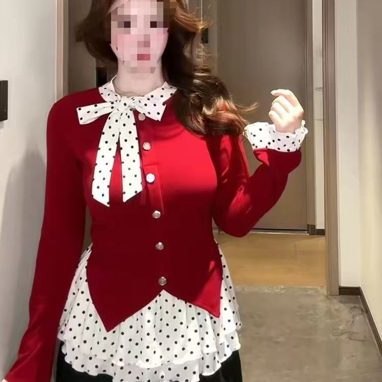 昭宁微胖衬衫韩系秋冬蕾丝针织衫针织拼接波点上衣毛针织衫22997