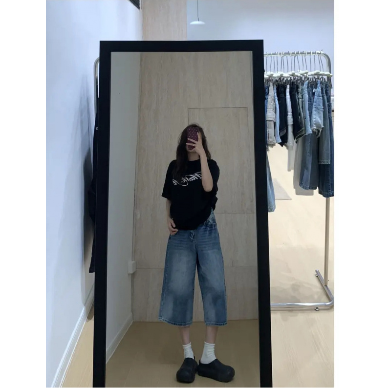 美式街头复古高腰宽松七分阔腿裤女夏季新款小个子垂感直筒牛仔裤