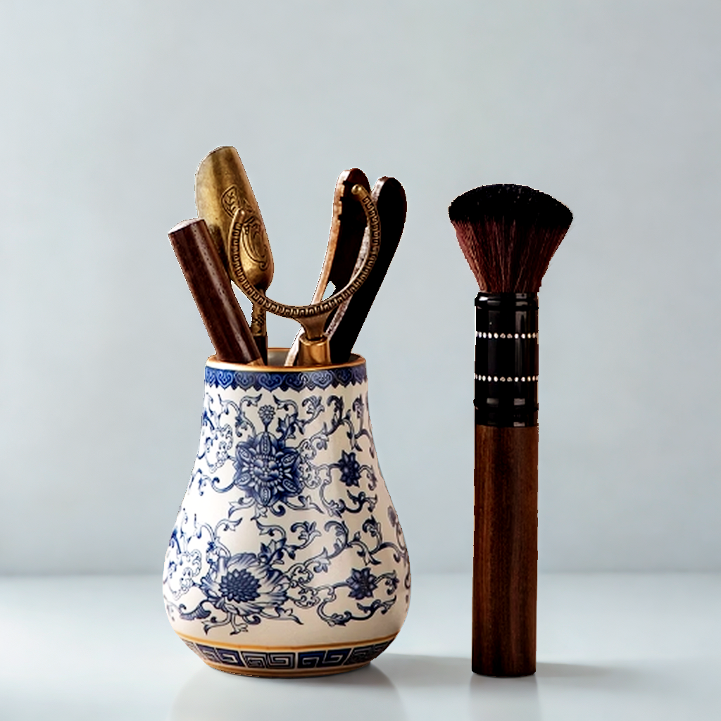 陶子茶具 米黄汝窑青花勾藤缠枝莲茶道六君子-4469（直播专享）