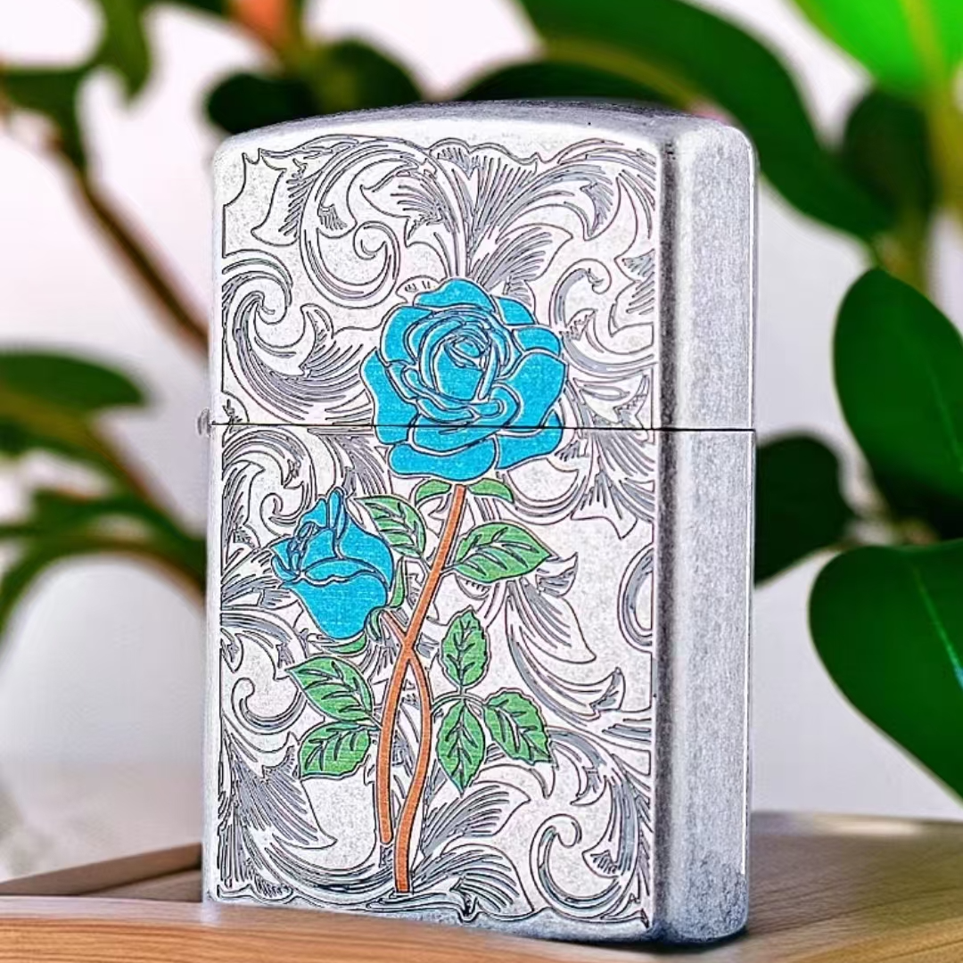 ZORRO佐罗煤油打火机古银蓝玫瑰男士礼品送礼防风打火机