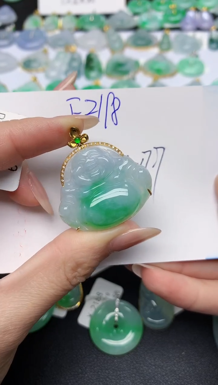 颈饰18K金镶嵌翡翠天然缅甸A货翡翠百元以上9元证书费自理