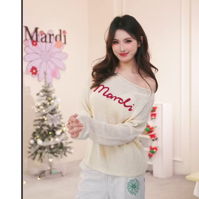 Mardi【漫迪】不褪色圆领长袖秋季针织毛女装蕾丝提花宽松针织衫