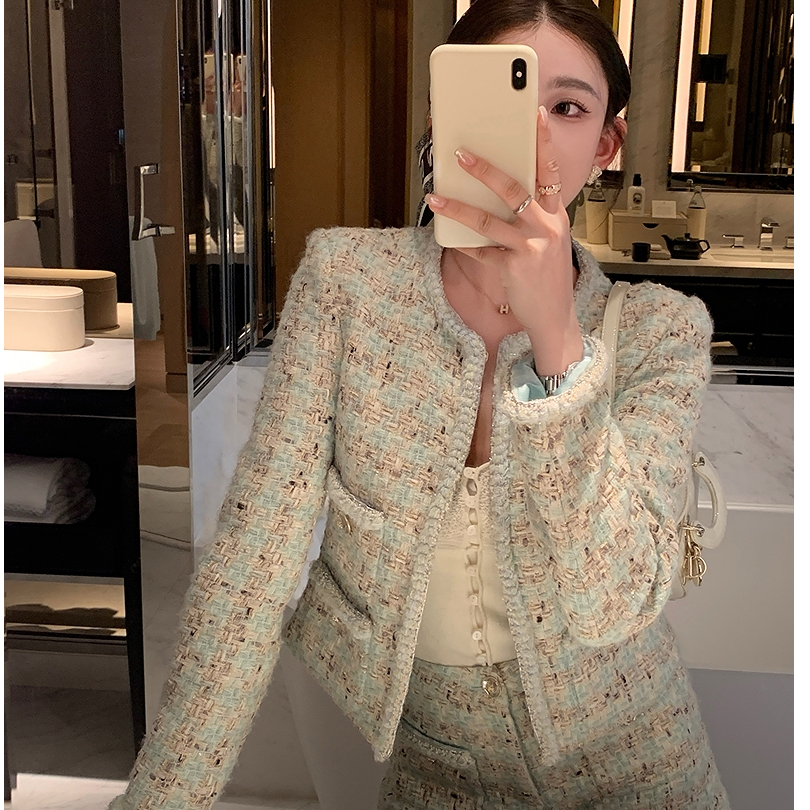 小香风网红时尚复古气质套装小个子编织粗花呢马甲外套短裤两件套