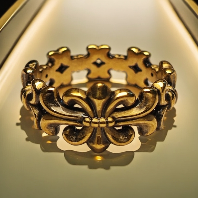 周帝王电黑金黄金鸢尾花戒指男女通戴时尚复古经典潮流气质足金戒