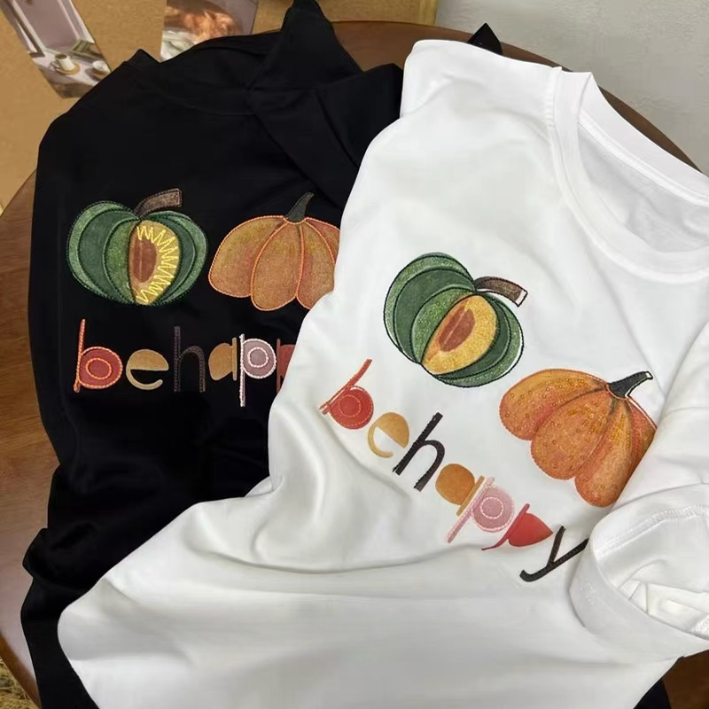 35905#欧洲站夏季新款时尚圆领印花南瓜图案T恤女显瘦百搭上衣潮