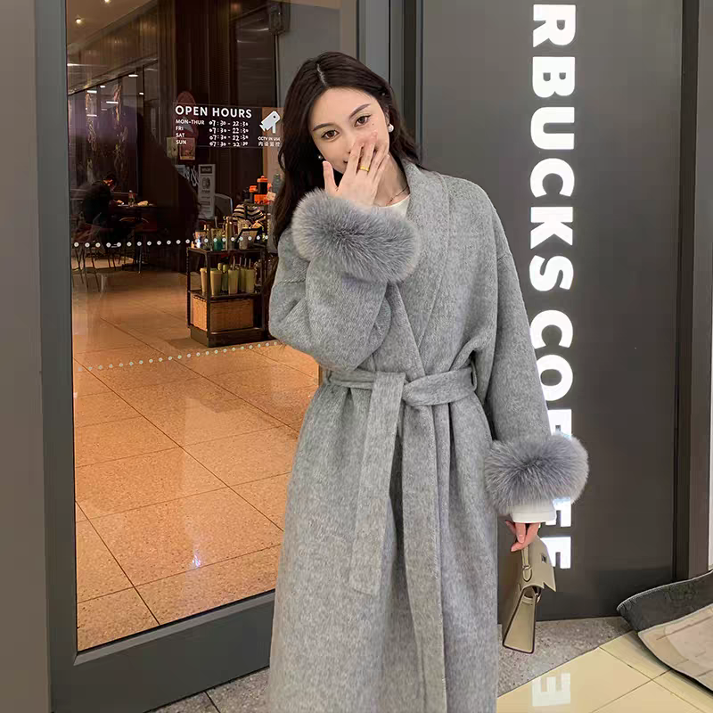 秋冬毛毛袖口长款双面羊毛外套587款