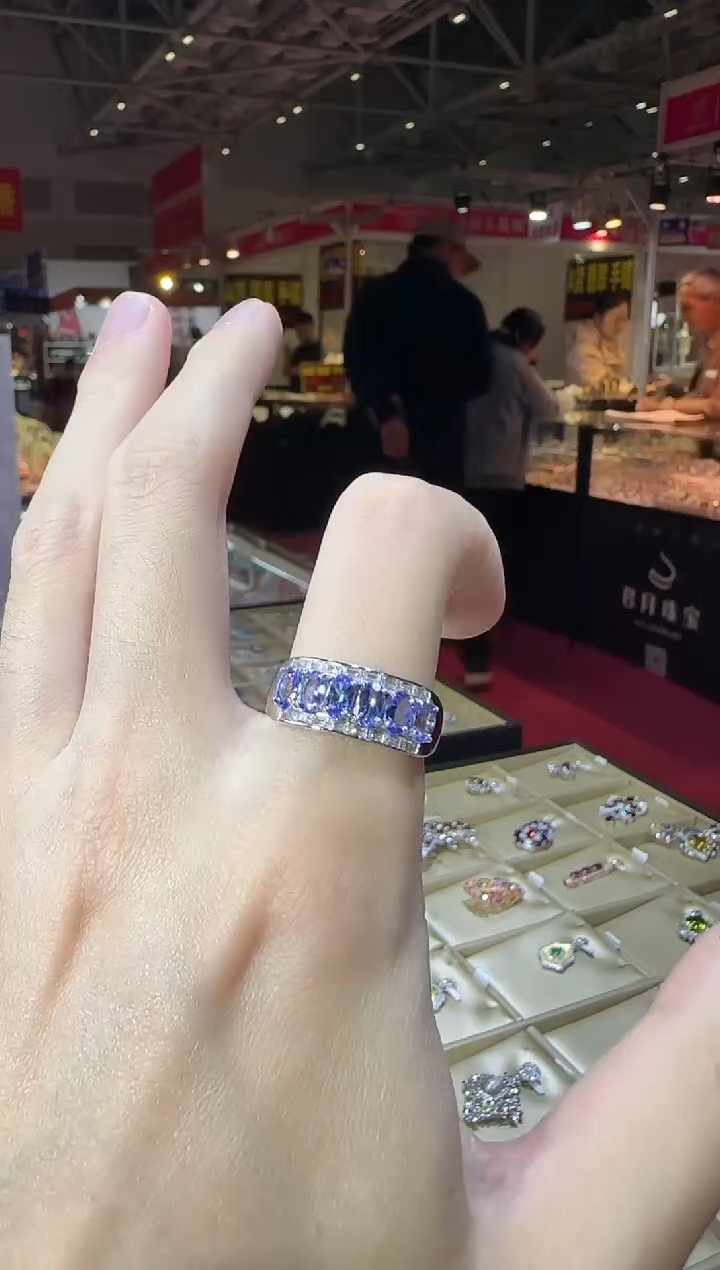 银S925镶嵌戒指坦桑石8mm排戒