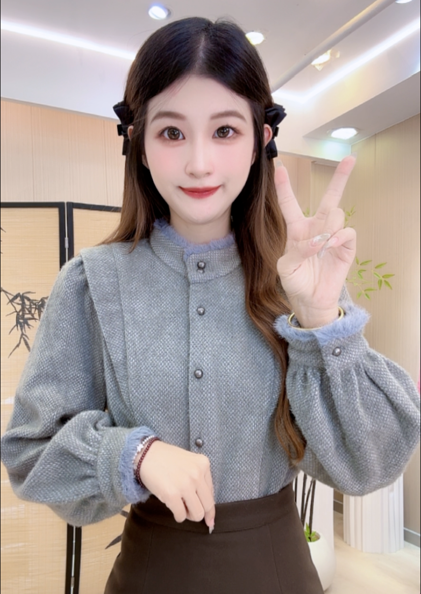 【785】冬季加厚设计感时尚立领通勤衬衫女款轻奢高级感港风上衣