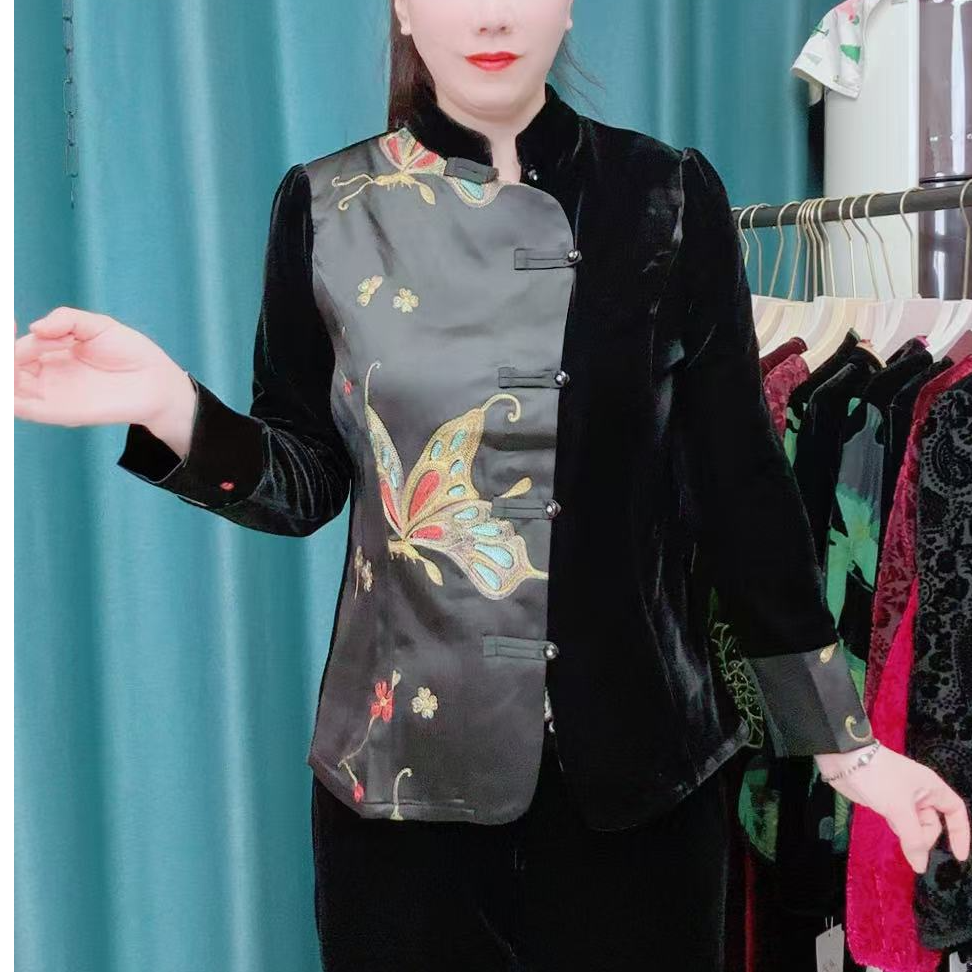 高定轻奢丝绒拼接醋酸修身锦缎重工刺绣短款小衫上衣