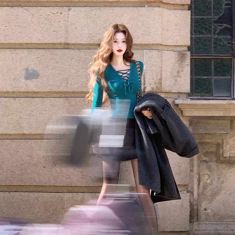 【甜心迷雾】纯欲V领口绑带两色打底衫磨毛上衣女春秋气质内搭磨毛