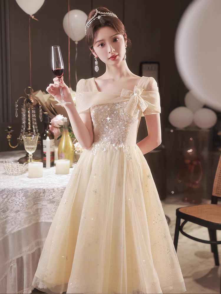 宴会主持人礼服高端轻奢钉珠艺考演奏朗诵订婚礼服伴娘裙