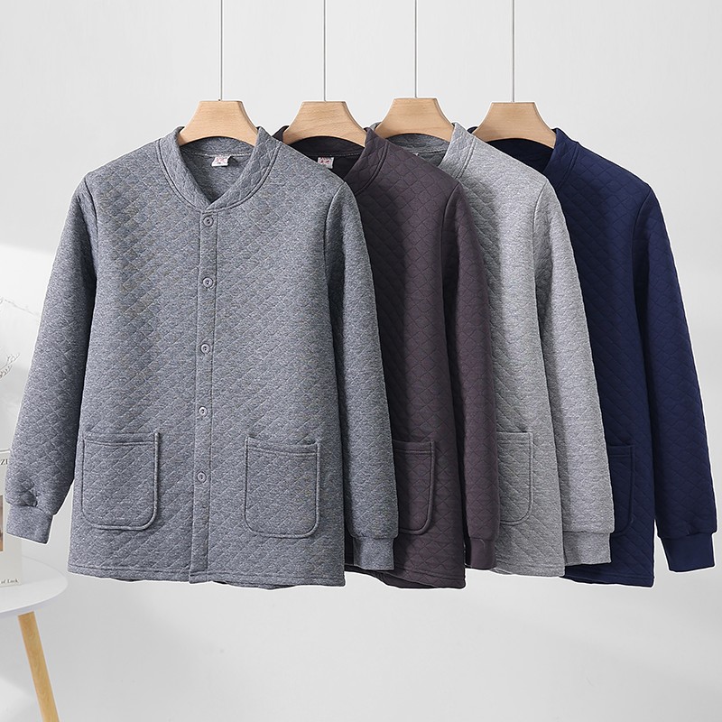 老年人保暖内衣男单件上衣三层夹棉加厚纯棉大码开衫对襟老人秋衣