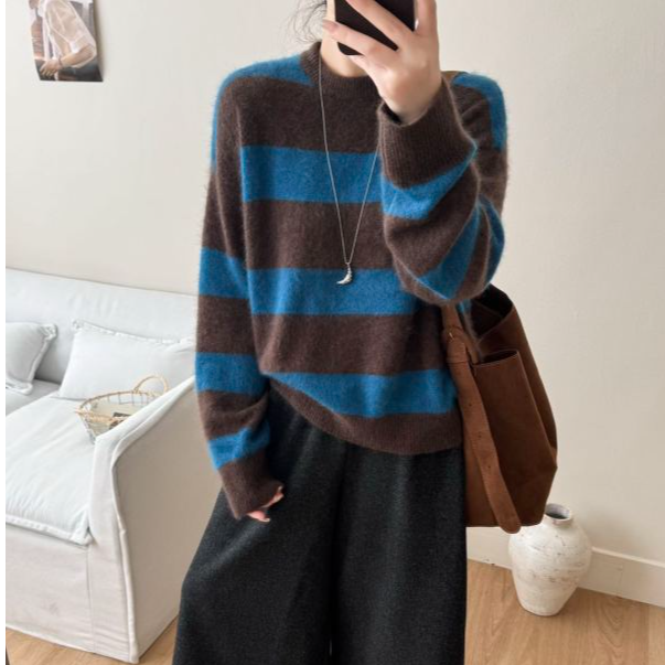 【HRBEN ROSE】羊绒拉毛复古撞色条纹百搭慵懒秋冬针织衫 803108