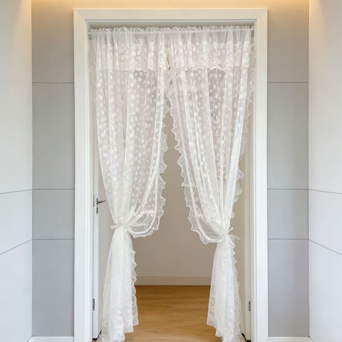法式浪漫刺绣免打孔蕾丝珍珠白纱公主风裙摆纱帘