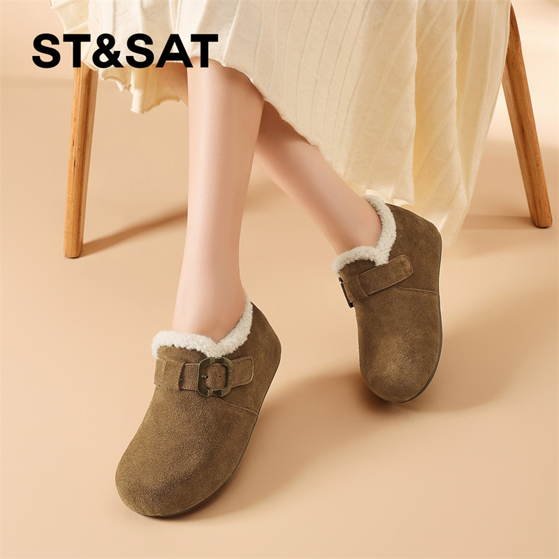 星期六2025时尚休闲鞋外穿软底包跟冬季中跟浅口保暖毛绒胶粘