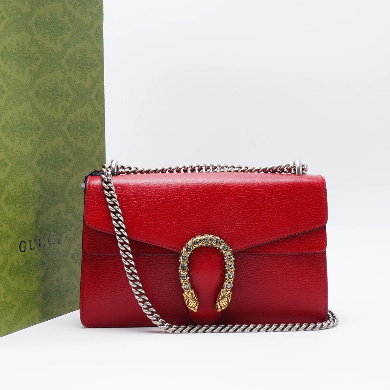 99新 GUCCI/古驰 酒神中号红色/钻扣链条单肩包斜挎包/友奢