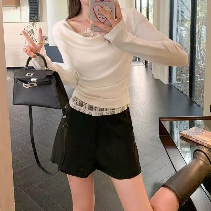 荡领设计感蕾丝拼接白色t恤女春秋季韩系假两件长袖修身百搭上衣 