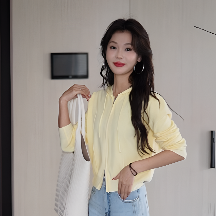 8808春季新款针织衫开衫连帽毛衣时尚洋气拉链粉色白色短外套