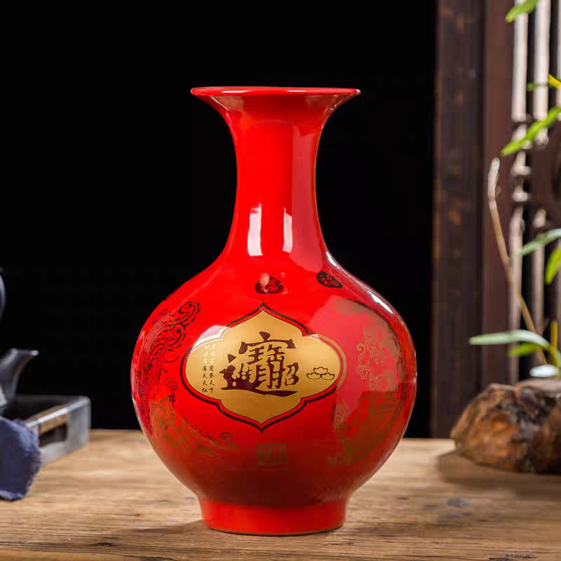 景德镇陶瓷红色系列花瓶中国釉中国红招财进宝花瓶电视柜装饰摆件