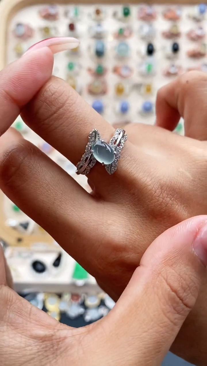 【闪购商品】翡翠戒指银S925镶嵌缅甸天然A货翡翠111  9+8