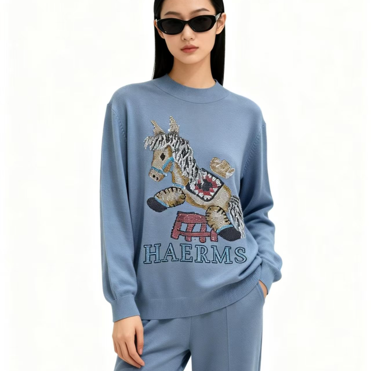 马上有钱 针织烫钻半高领时尚毛衫长袖宽松型卫衣-9699-A383