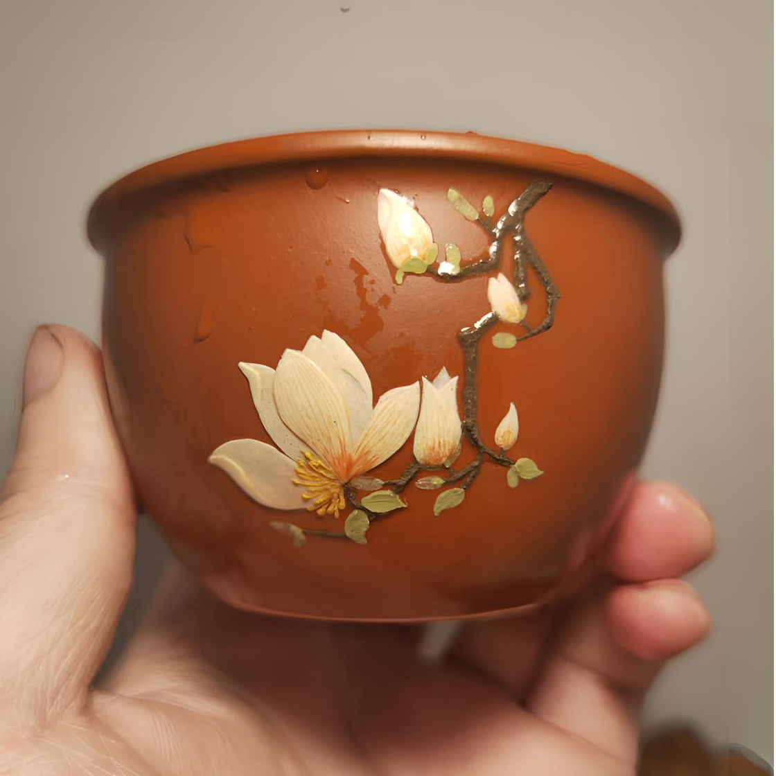 100cc朱泥款泥绘玉兰紫砂主人杯