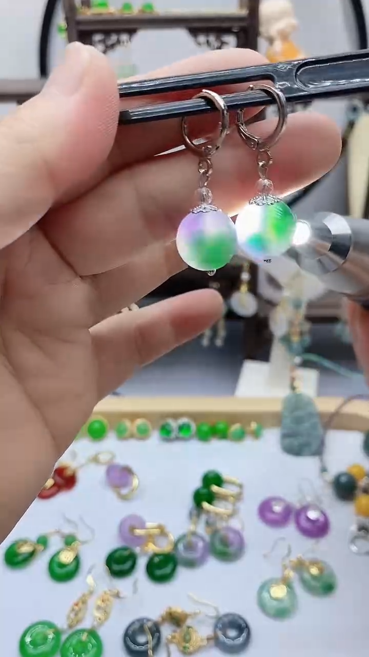 石英质玉（非洲翠）银S925镶嵌耳饰137