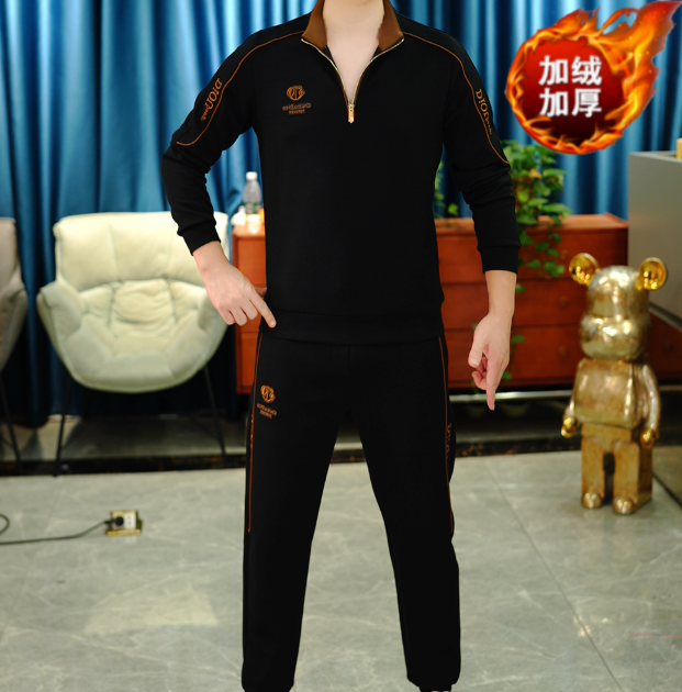 2025冬季加绒男士长袖翻领时尚休闲套头卫衣条纹小标套装TZ2010