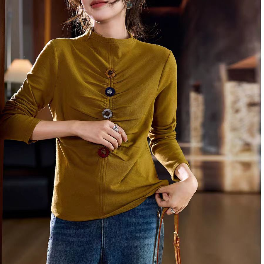 时尚抽褶太阳花T恤女2025冬季新款立领修身百搭打底上衣