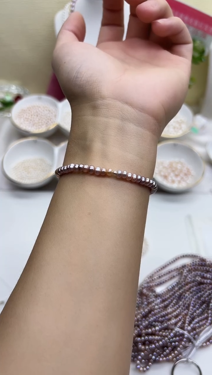 银S925镶嵌手链淡水珍珠糖果馒头珠4mm