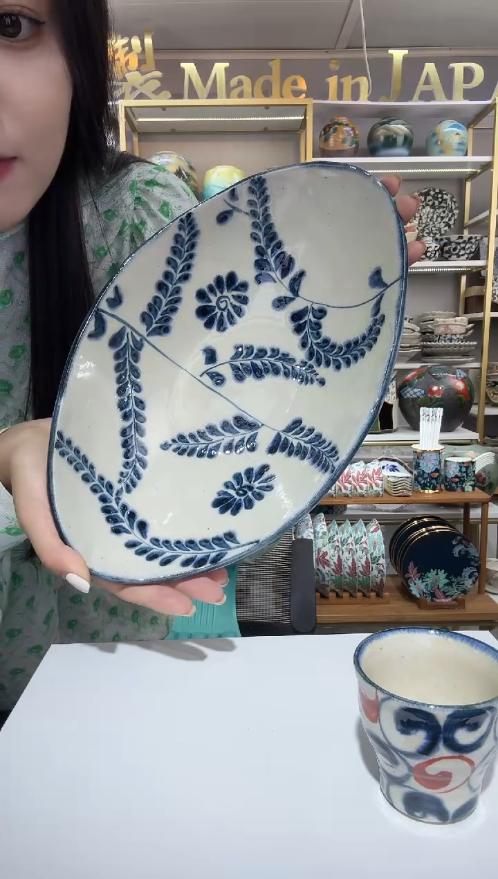 陶瓷船型大深钵31.8cm×18cm-草花
