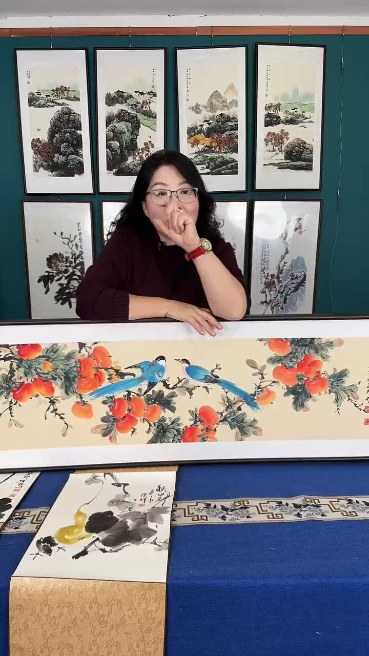 国画d*48*163柿子实木装裱