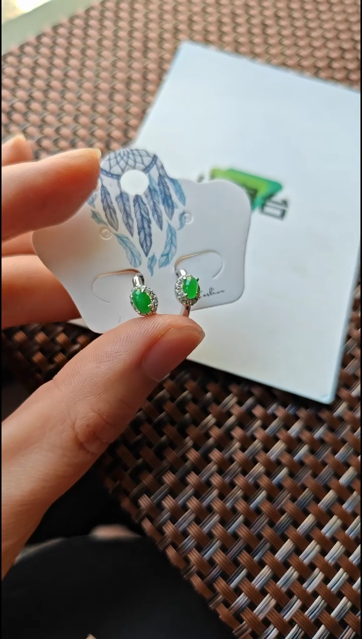 【闪购商品】翡翠耳饰银S925镶嵌翡翠耳饰S925银镶嵌