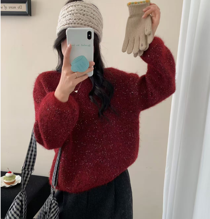 细闪亮片慵懒毛衣女士秋冬欧货新款设计感宽松百搭加厚针织衫上衣
