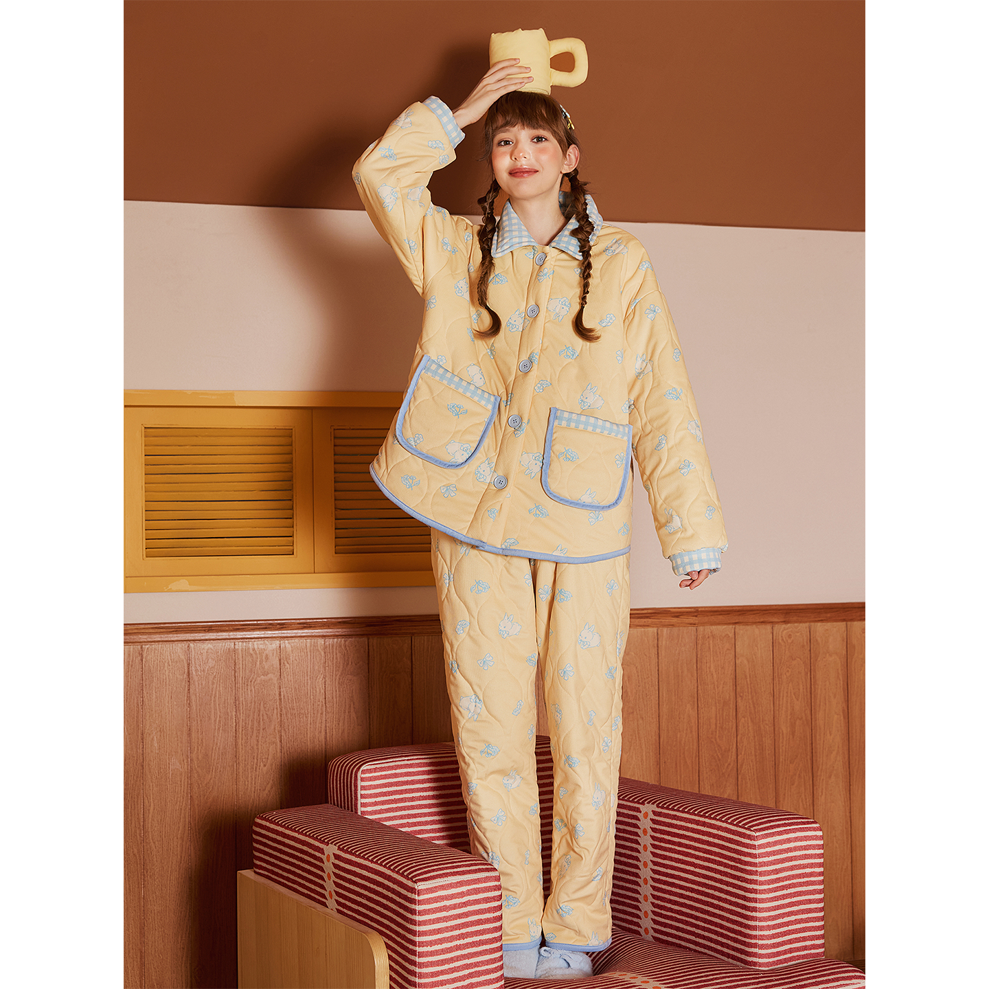 PJOCLOCK睡时记睡衣女冬款三层夹棉加绒加厚可外穿保暖绗棉家居服