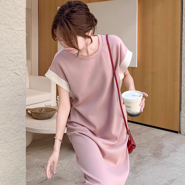 简约撞色飞袖时尚显瘦宽松T恤连衣裙女夏季垂顺抗皱圆领百搭休闲2