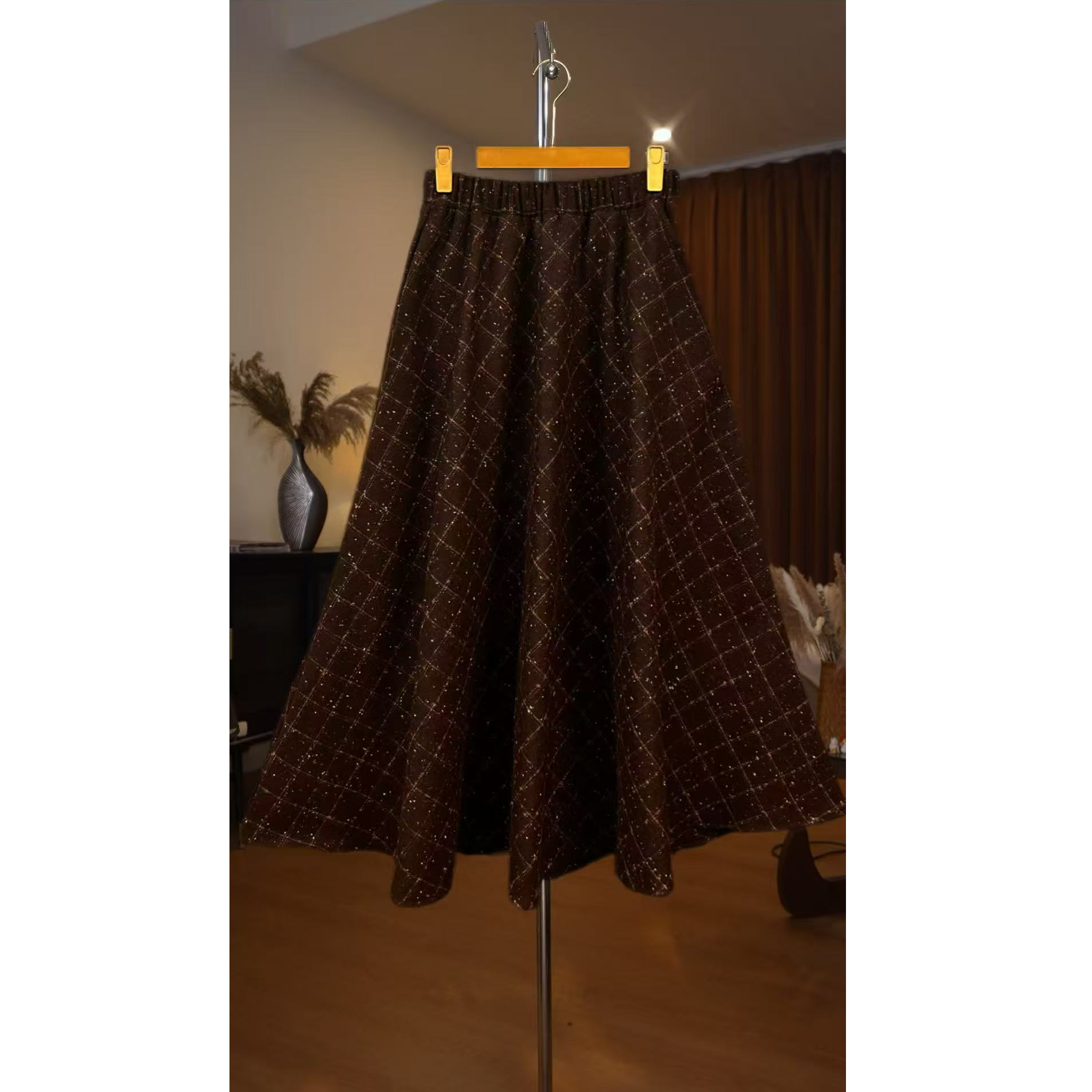 毛呢加厚格子金边植绒A字裙减龄百搭长裙半身裙显瘦高腰大摆重工