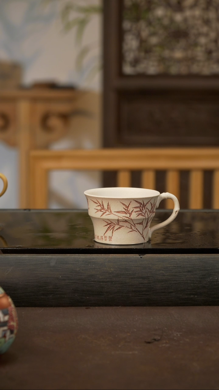 茶壶紫砂01，竹节白玉段带把杯，80cc