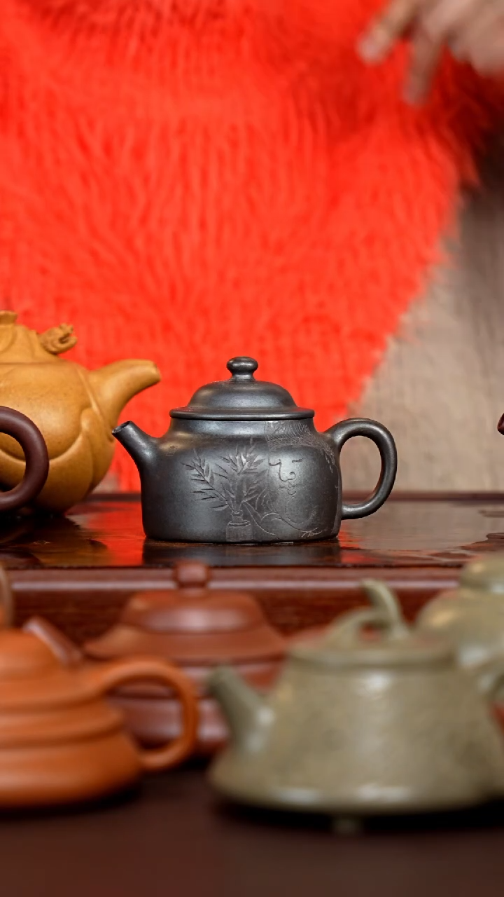 茶壶紫砂柴烧深井老紫泥刻绘笠帽