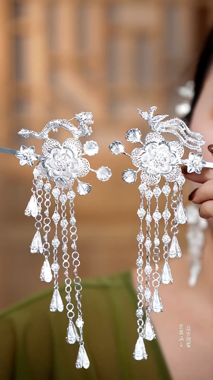 珐琅足银新款龙凤牡丹花发簪一对115.2克