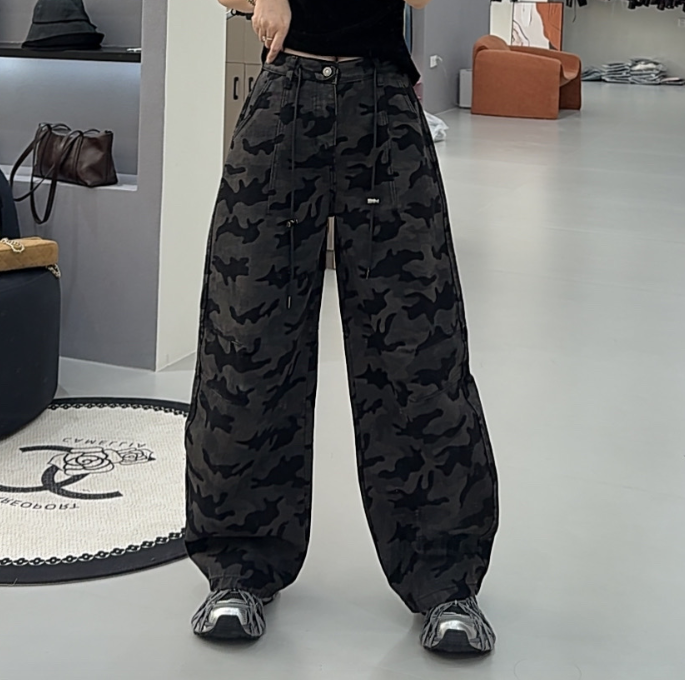 ZM25年新款阔腿中腰设计感欧美风迷彩阔腿牛仔裤2862