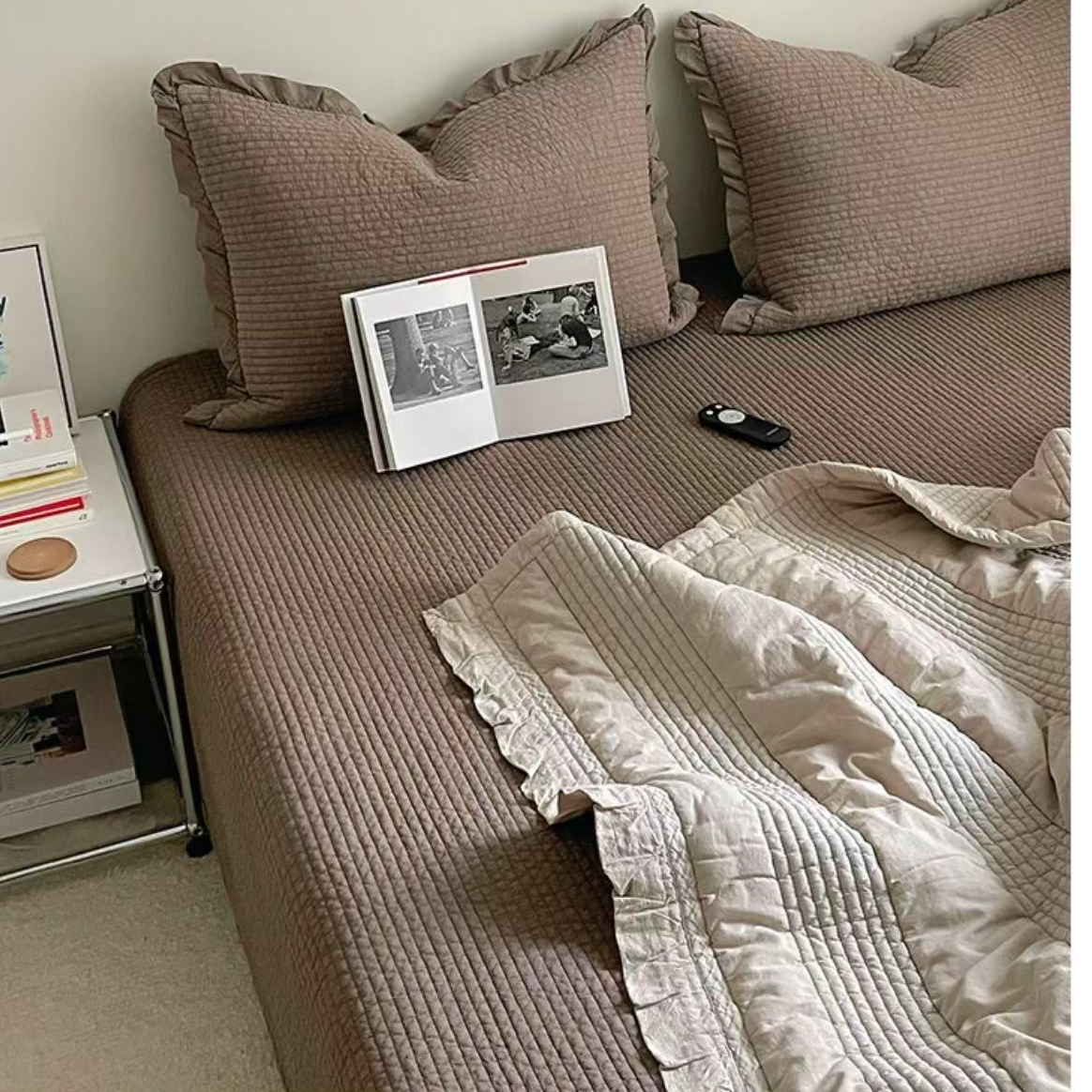 【木白】赛琳 韩国广木棉纯棉柔软荷叶边绗缝床盖纯色榻榻米夹棉