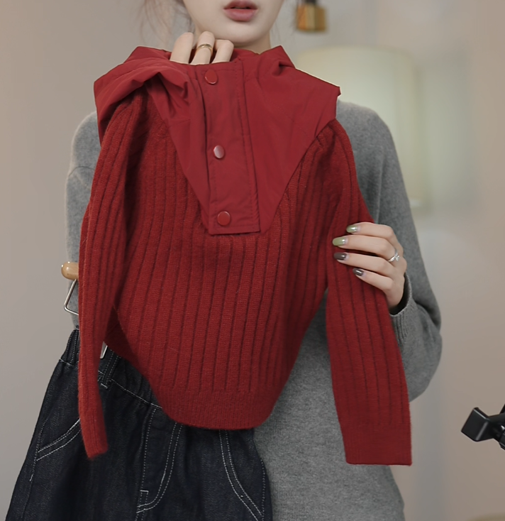 儿童纯色韩版拼接连帽长袖毛衣针织衫打底衫休闲上衣套头